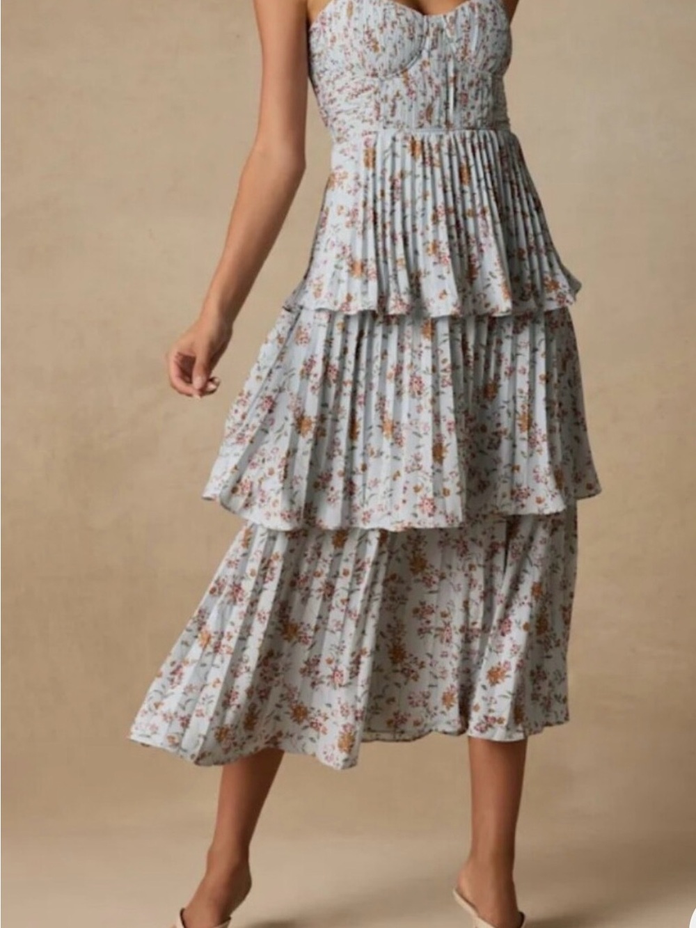 Lulu's Pale Blue Floral Tiered Midi Skirt with Pink & Brown Accents